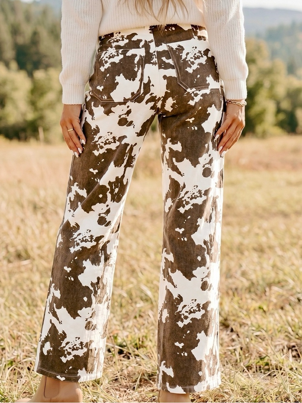 ♥️ Abstract Cow Print Pattern Regular Fit Full-Length Western Womens Jeans - Picture 2 of 13